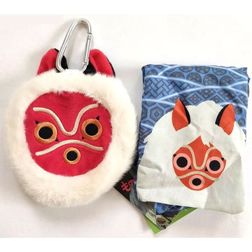 Two fox mask-themed pouches with carabiner on a white background
